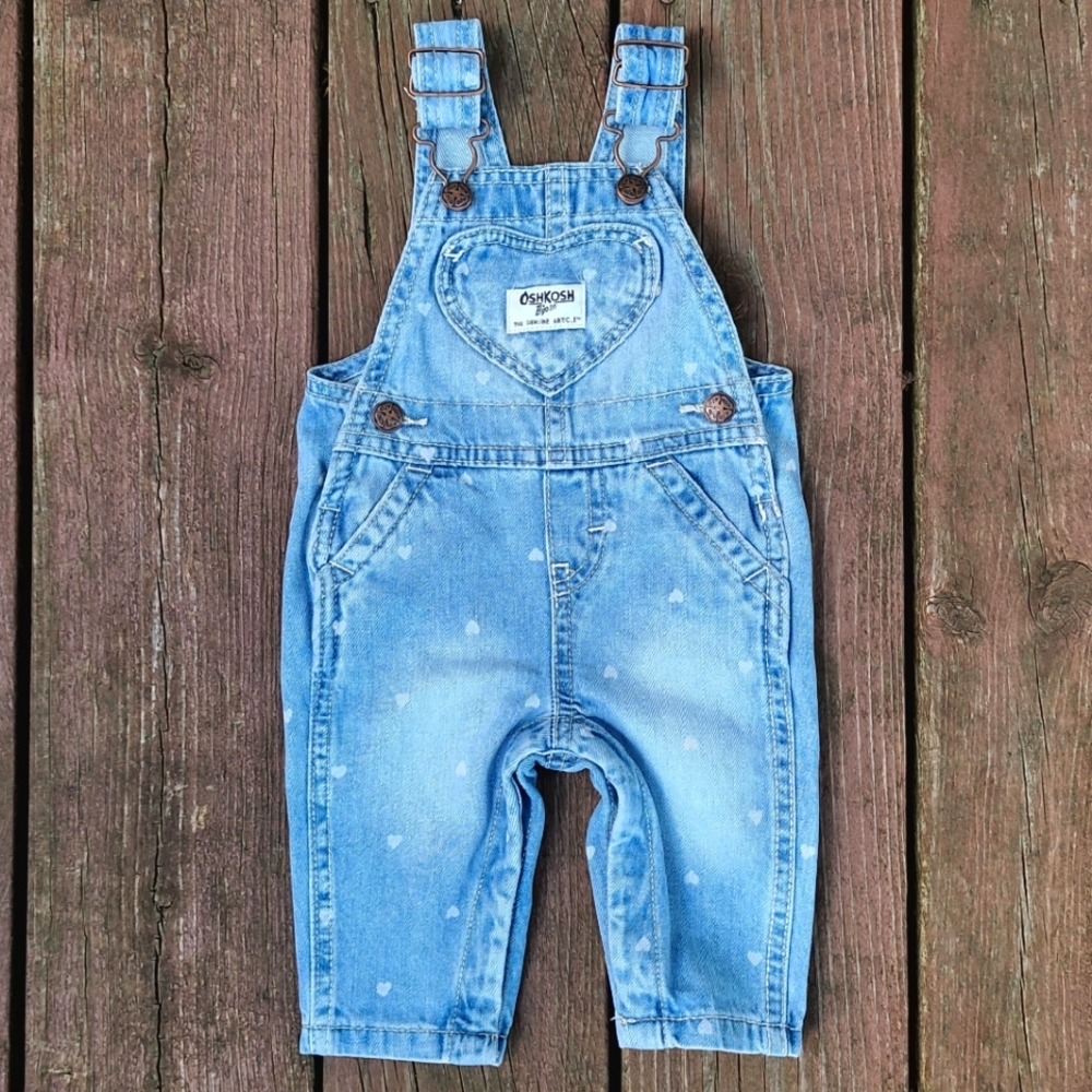 Oshkosh B'gosh Heart Print Denim Blue Jean Overalls BABY Girl 3